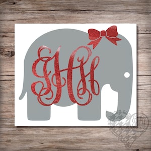 Glitter Elephant Monogram Decal with Bow, Elephant Decal, Glitter Monogram Car Decal, Tumbler Decal, Laptop Decal, Tablet Decal