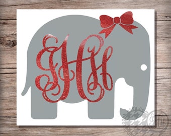 Glitter Elephant Monogram Decal with Bow, Elephant Decal, Glitter Monogram Car Decal, Tumbler Decal, Laptop Decal, Tablet Decal