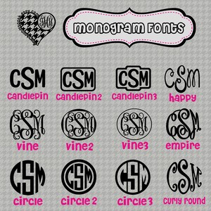 May include: A graphic showing 10 different monogram font styles. The fonts are all black and are displayed in a circle or square shape. The fonts are labeled with names like "candiepin", "vine", "circle", and "curly round".
