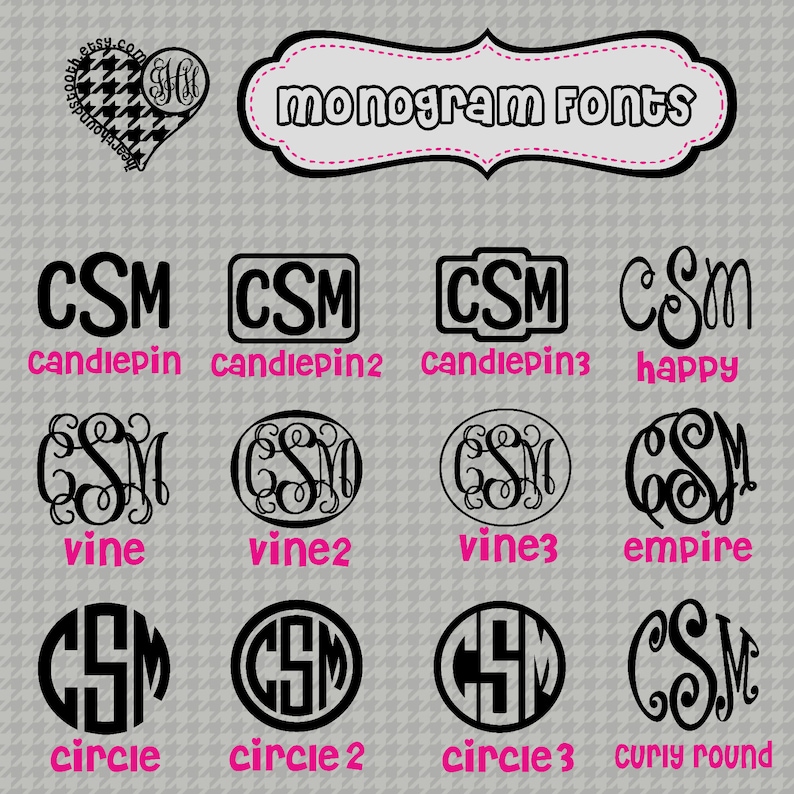 May include: A graphic showing 10 different monogram font styles. The fonts are all black and are displayed in a circle or square shape. The fonts are labeled with names like "candiepin", "vine", "circle", and "curly round".