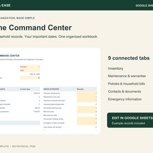 Home Command Center Spreadsheet for Google Sheets, Home Inventory & Maintenance Tracker