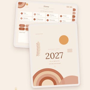 May include: A 2027 digital planner in a sandstone color palette featuring a home dashboard and a cover page with abstract geometric shapes. The text includes Earlylight Planners, 2027 Digital Planner, 858 hyperlinked pages, Oct 2026-Dec 2027, 15 months, iPad & Android, Vertical & Horizontal, and Sunday or Monday start with 4 daily layouts.