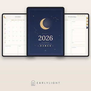 May include: A digital planner set featuring a dark blue cover with a gold crescent moon, stars, and the text Moonlit 2026 Planner. The interior pages show a monthly calendar for October and a daily schedule for Wednesday with a cream background.