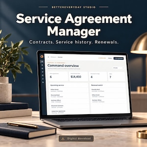 May include: A laptop screen displays the Service Agreement Manager software interface with a Command overview dashboard showing active agreements, contract values, upcoming service schedules, and renewal watch lists for various clients.