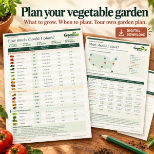 Peut inclure: Un guide de jardinage potager en téléchargement numérique comprenant deux feuilles imprimées. Une feuille est un tableau intitulé How much should I plant? avec des icônes de légumes. La seconde feuille montre une carte intitulée When should I plant?