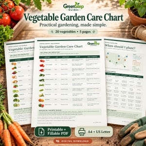 Puede incluir: Un conjunto de descarga digital de tres páginas de una guía de cuidado de huertos, con tablas que incluyen nombres de vegetales, necesidades de sol, enfoque de riego, consejos de cuidado, cosecha y un mapa de plantación.