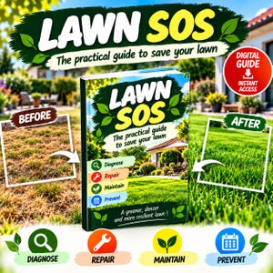 May include: A digital guide titled LAWN SOS: The practical guide to save your lawn. The cover features a before and after comparison of a lawn, with icons for Diagnose, Repair, Maintain, and Prevent. A red circle indicates digital access.