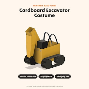 Op de afbeelding: Een geel kartonnen graafmachinekostuum met zwarte rupsbanden en een zwenkarm. De tekst luidt: PRINTABLE BUILD PLANS, Cardboard Excavator Costume, Instant download, 30-page PDF, Swinging arm, 3D model of the finished build, made from these exact plans.
