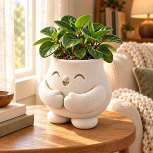 May include: A light beige, speckled ceramic planter shaped like a small, round character with arms folded over its chest and a smiling face. The planter holds a vibrant green plant with rounded, glossy leaves, sitting on a wooden surface.