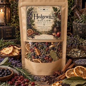 Può includere: Un sacchetto di carta marrone contenente una miscela per pentola a fuoco lento etichettata Hedgewitch Hollow. L'etichetta presenta illustrazioni botaniche, un calderone e il testo Rola Essence. La finestra trasparente rivela erbe essiccate, bacche, agrumi e spezie.
