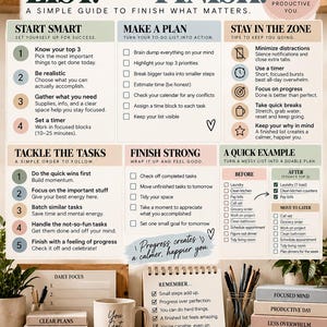 May include: A productivity guide titled LIST. FOCUS. FINISH. featuring sections on starting smart, making a plan, staying in the zone, tackling tasks, and finishing strong. It includes checklists, tips, and a visual example of a daily task list.