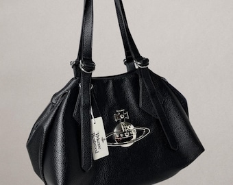 Vivienne Westwood Orb Schultertasche aus schwarzem Leder, Y2K-Designer-Tasche, Gothic-Hobo-Handtasche, Geldbörse mit silbernem Orb-Logo, Geschenkidee für Sie