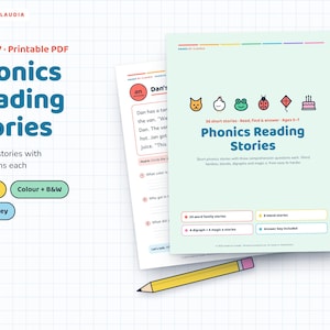 May include: A printable PDF educational resource titled Phonics Reading Stories for ages 5-7. The document includes 36 short stories with comprehension questions, word families, blends, and digraphs. It features a yellow pencil and a grid background.