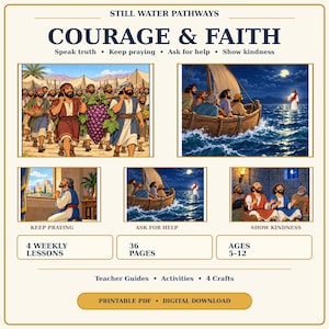 Puede incluir: Un recurso educativo Still Water Pathways Courage & Faith de 36 páginas con 4 lecciones semanales para edades de 5 a 12 años. Incluye guías para maestros, actividades y 4 manualidades. La descarga digital PDF imprimible muestra escenas bíblicas.