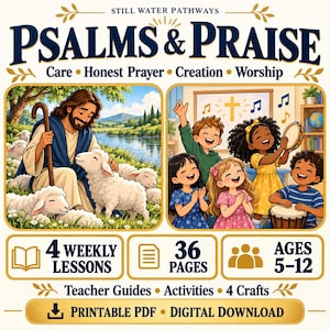Pode incluir: Um recurso educativo digital intitulado Still Water Pathways Psalms & Praise com 4 lições semanais, 36 páginas e atividades para idades de 5 a 12 anos. O gráfico mostra um pastor com ovelhas e crianças tocando música, em formato PDF.