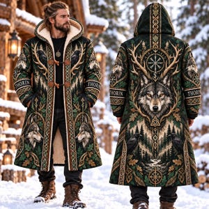 May include: A long hooded coat featuring a dark green and brown forest-themed pattern with wolf and raven illustrations, intricate knotwork, and the name THORIN printed on the sleeves. The coat has a cream-colored fleece lining and toggle closures.