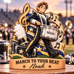 Könnte beinhalten: Ein Holzausschnitt-Display mit einem Marching-Band-Schlagzeuger in marineblauer und goldener Uniform, der eine mit NOAH beschriftete Trommel spielt. Der Sockel ist mit MARCH TO YOUR BEAT und dem Namen Noah sowie Noten und Sternen graviert.
