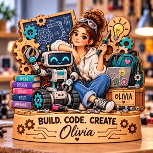 Bloque de madera 2D personalizado para niña ingeniera de robótica, regalo personalizado para niña STEM, regalo de graduación para futura ingeniera, decoración de escritorio para club de robótica