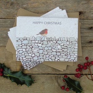 Robin on a wall Christmas Cards, Pack of 5