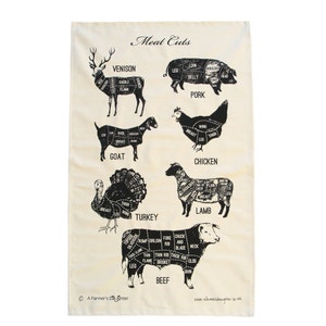 Pode incluir: Toalha de cozinha creme com um diagrama a preto e branco de vários cortes de carne, incluindo veado, porco, cabra, frango, peru, cordeiro e carne bovina. O texto "Meat Cuts" está no topo.
