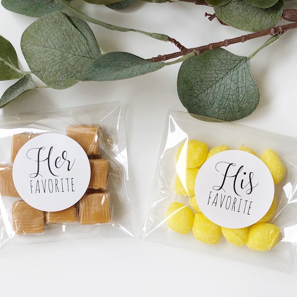 His and Hers Wedding Favor Bags, 20 each His and Her Favorite Stickers, Optional Clear Candy Bags, Great for Hotel Welcome Gift Bags