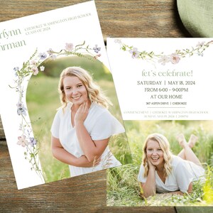 Wildflower Graduation Party Invitation Template, Minimal Grad Announcement, Photo Graduation Invite, Boho Girl Party Invite, Edit in Canva