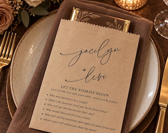 Personalized Wedding Favor Bags, Brown Wedding Favors, Reception Table Conversation Game, Custom Kraft Treat Bags