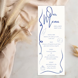 Handgezeichnetes Hochzeitsmenü-Download, Blaues wunderliches einfach zu druckendes Digitales Menü, Squiggle Illustration Menüs, Canva Italienische Vorlage für Event-Menü