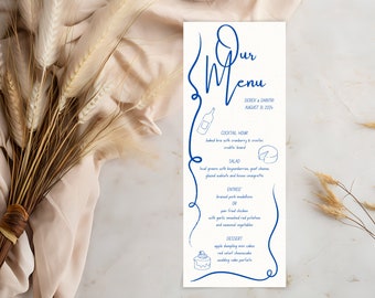 May include: A wedding menu card with blue calligraphy for Derek and Daintry's wedding on August 31, 2004. The menu includes cocktail hour, salad, entree, and dessert options.
