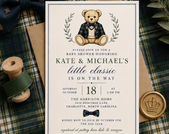 Preppy Teddy Bear Baby Shower Invitation, Old Money Editable Template, option to print