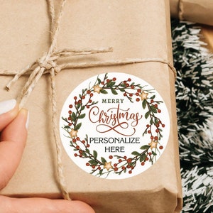 Personalized Christmas Gift Stickers, Watercolor Wreath Labels