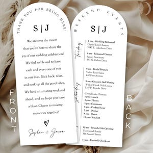 Tarjetas de itinerario de boda personalizadas impresas / Tarjeta de cronograma de boda / Tarjetas de itinerario de fin de semana de boda en forma de arco / Tarjetas de orden de eventos - 24 unidades