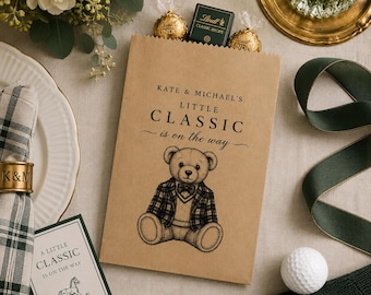 Old Money Teddy Bear Baby Shower Favor Bags, Preppy Plaid Party Favors