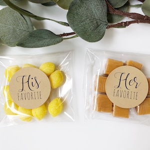 His and Hers Wedding Favor Bags, 20 each His and Her Favorite Stickers, Optional Clear Candy Bags, Great for Hotel Welcome Gift Bags