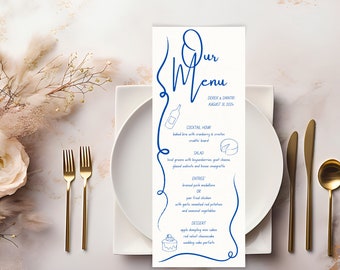 Hand drawn wedding menu download, Blue whimsical easy print Digital Menu, Squiggle illustration menus, Canva Italian Template for event menu