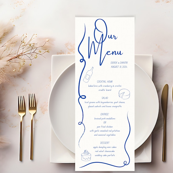 Hand drawn wedding menu download, Blue whimsical easy print Digital Menu, Squiggle illustration menus, Canva Italian Template for event menu