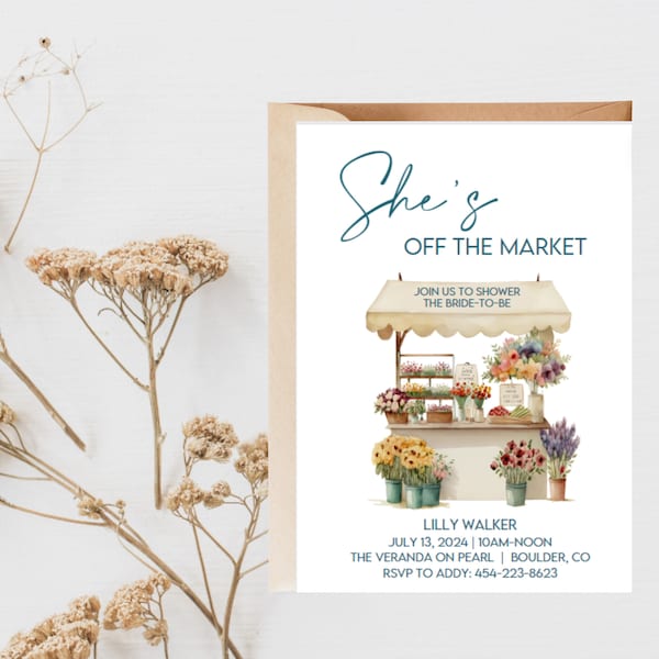 Off The Market Bridal Shower Invitation Template, Farmer's Market Shower Invite, She's Off Market Instant Download, Digital to Edit in Canva