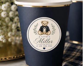 Personalized Baby Shower Stickers, Classic Teddy Bear Favor Labels for Old Money shower, Sheets of 20