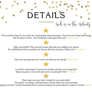 May include: A white background with gold confetti and text that reads "Details on Demand God is in the Details". The text is followed by five customer reviews with five stars each.