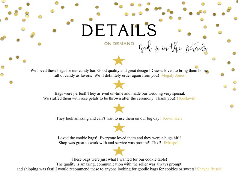 May include: A white background with gold confetti and text that reads "Details on Demand God is in the Details". The text is followed by five customer reviews with five stars each.