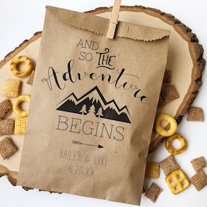25 Personalized Adventure Favor Bags | Outdoor Wedding or Bridal Shower Gifts for Guests | Trail Mix Bags | Popcorn Bags | Popcorn Bar Bags
