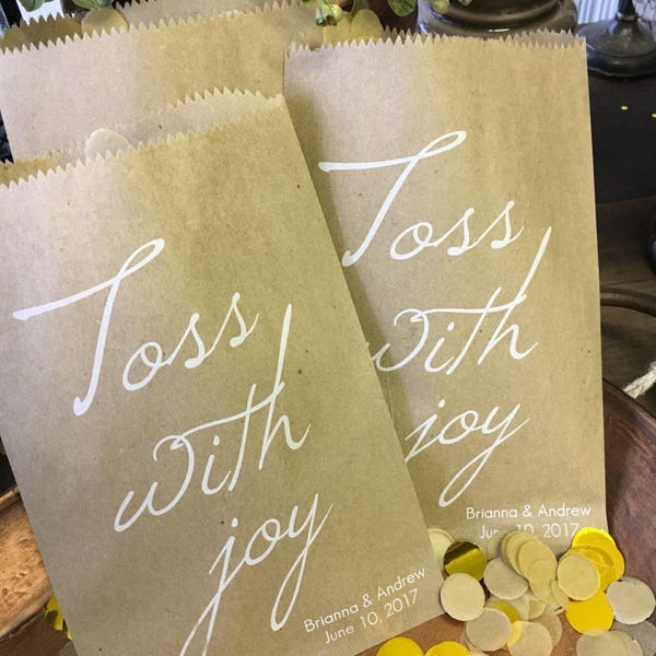 Toss With Joy Wedding Confetti Favors, Personalized favor bags great for birdseed toss or petal toss for your wedding send off-sets of 25