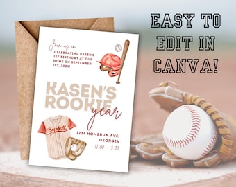Invitación para el primer cumpleaños de novato en béisbol (descarga digital)