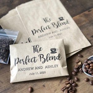 Coffee Favor Bags that say The Perfect Blend and are personalized for the bride and groom and sold in sets of 25 image 1
