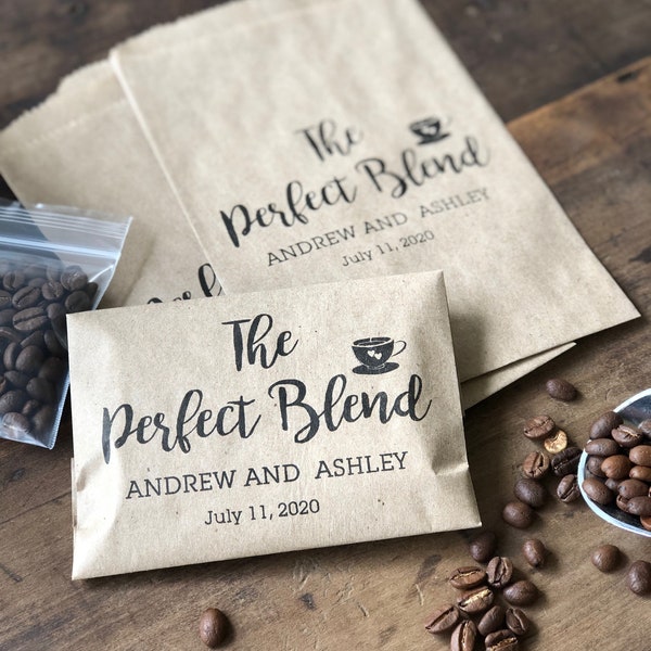 Coffee Favor Bags that say The Perfect Blend and are personalized for the bride and groom and sold in sets of 25