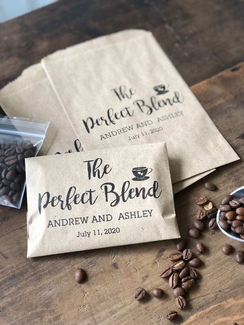 Coffee Favor Bags that say The Perfect Blend and are personalized for the bride and groom and sold in sets of 25 image 1