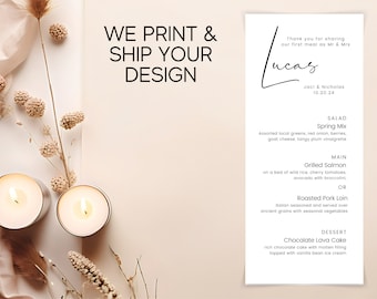 Wedding Menu Printing, half sheet menus, printed & shipped to your door, sets of 24.   4.25"x11" custom menu card printing