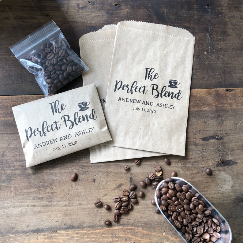Coffee Favor Bags that say The Perfect Blend and are personalized for the bride and groom and sold in sets of 25 image 8