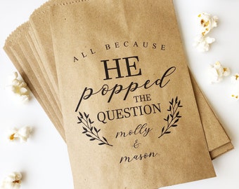 Wedding Popcorn Bags that read He Popped the Question, Personalized for your Snack Bar and sold in sets of 25