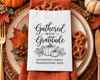 Personalized Thanksgiving Favor Bags | Gathered With Gratitude | Fall Treat Sacks | Family Dinner Favors | Caramel Pretzels